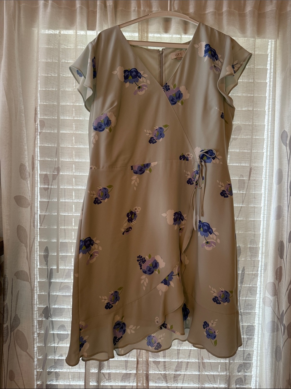 LOFT Sage Wrap Midi Dress with Blue Floral Print
